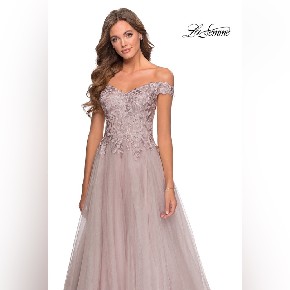 La Femme off-shoulder formal gown with slit; size 12 - Picture 3 of 3